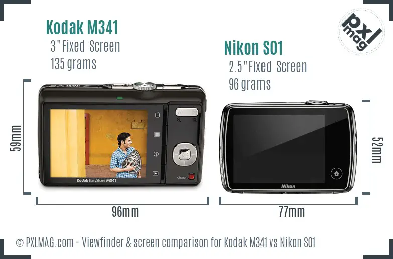 Kodak M341 vs Nikon S01 Screen and Viewfinder comparison
