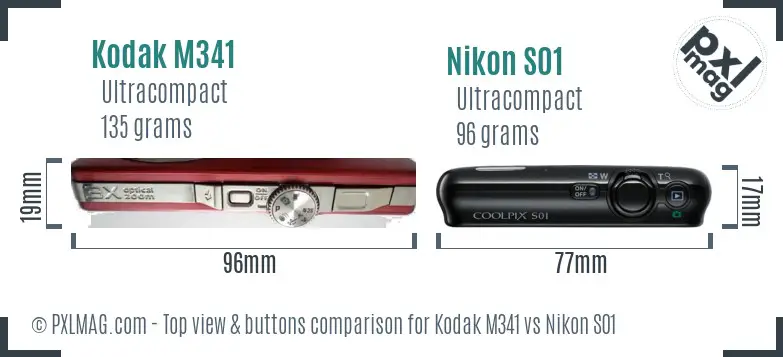 Kodak M341 vs Nikon S01 top view buttons comparison