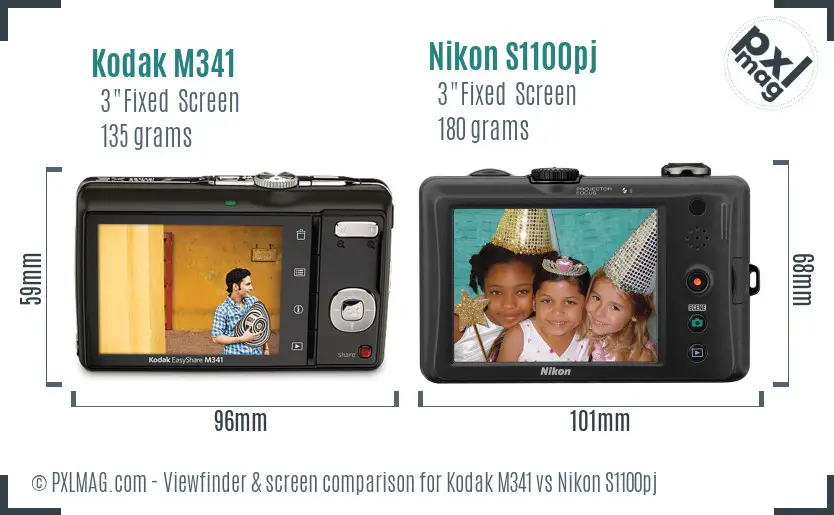 Kodak M341 vs Nikon S1100pj Screen and Viewfinder comparison