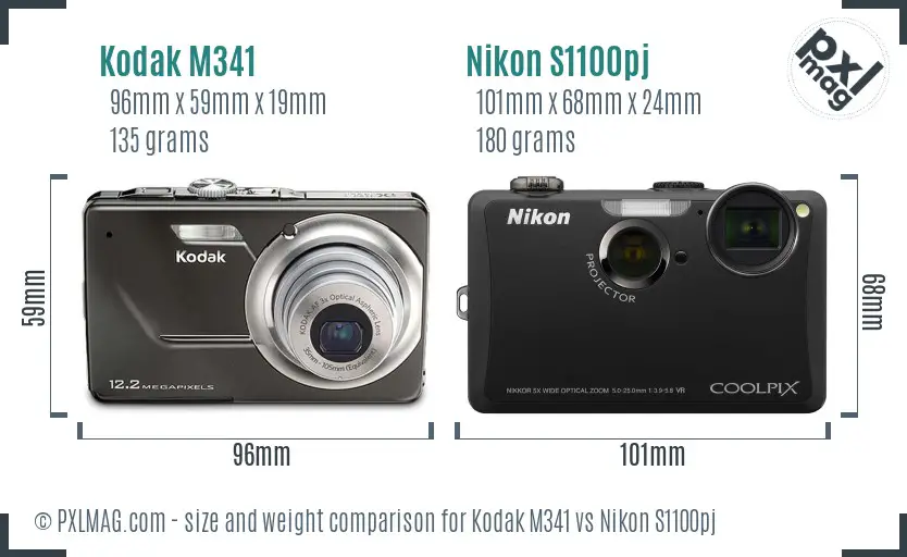 Kodak M341 vs Nikon S1100pj size comparison