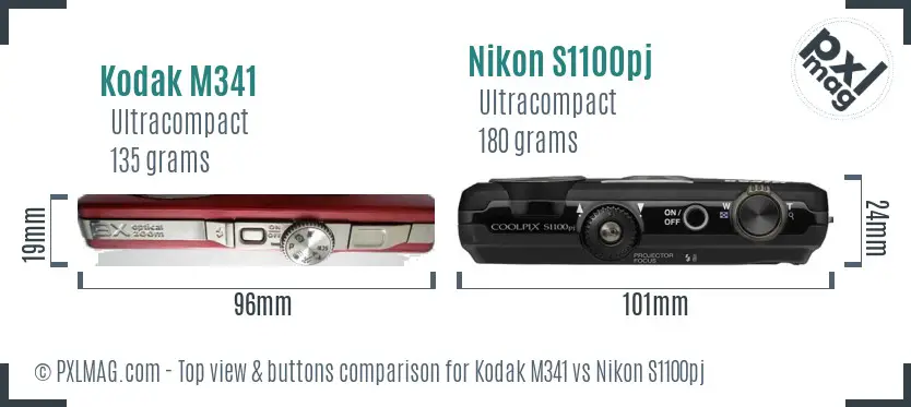 Kodak M341 vs Nikon S1100pj top view buttons comparison