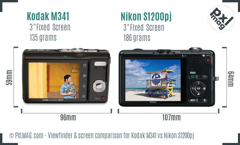 Kodak M341 vs Nikon S1200pj Screen and Viewfinder comparison