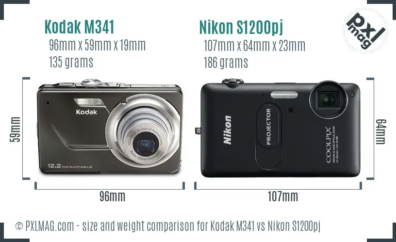 Kodak M341 vs Nikon S1200pj size comparison