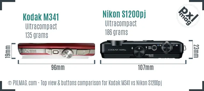 Kodak M341 vs Nikon S1200pj top view buttons comparison