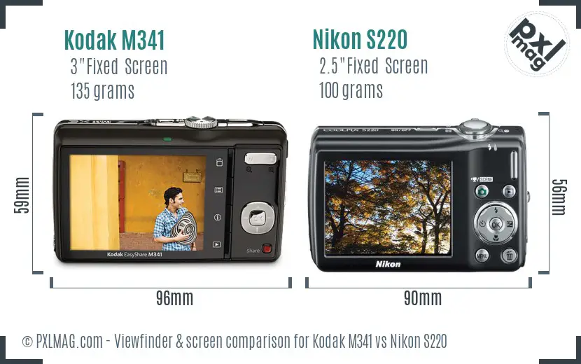 Kodak M341 vs Nikon S220 Screen and Viewfinder comparison