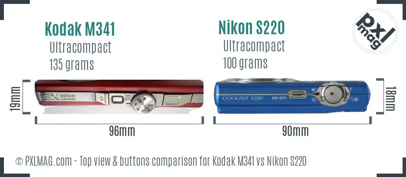 Kodak M341 vs Nikon S220 top view buttons comparison
