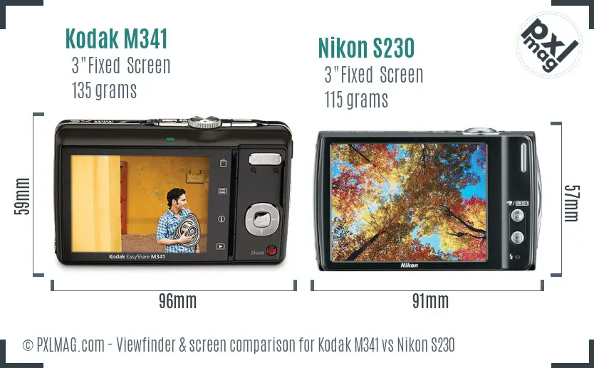Kodak M341 vs Nikon S230 Screen and Viewfinder comparison