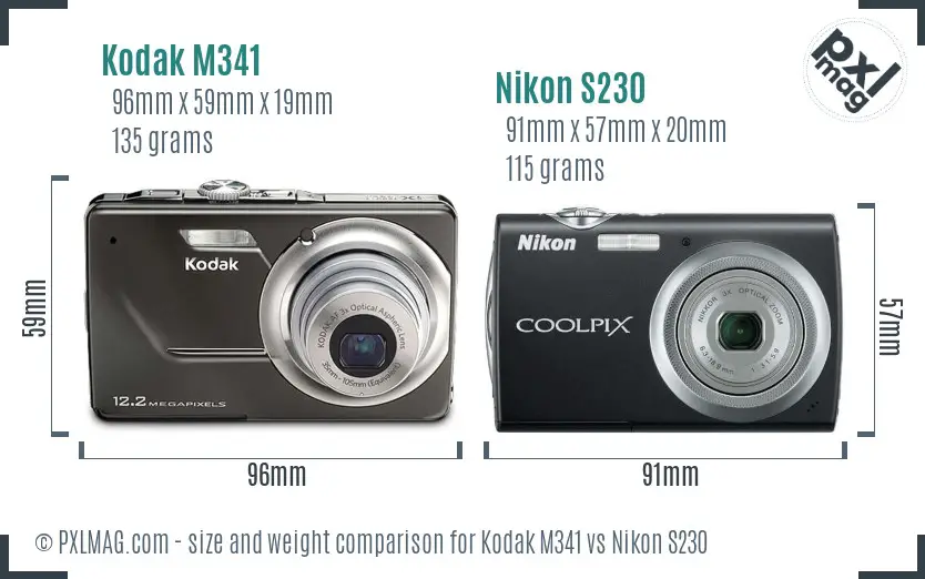 Kodak M341 vs Nikon S230 size comparison