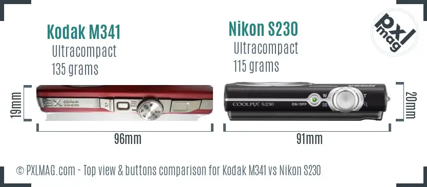 Kodak M341 vs Nikon S230 top view buttons comparison