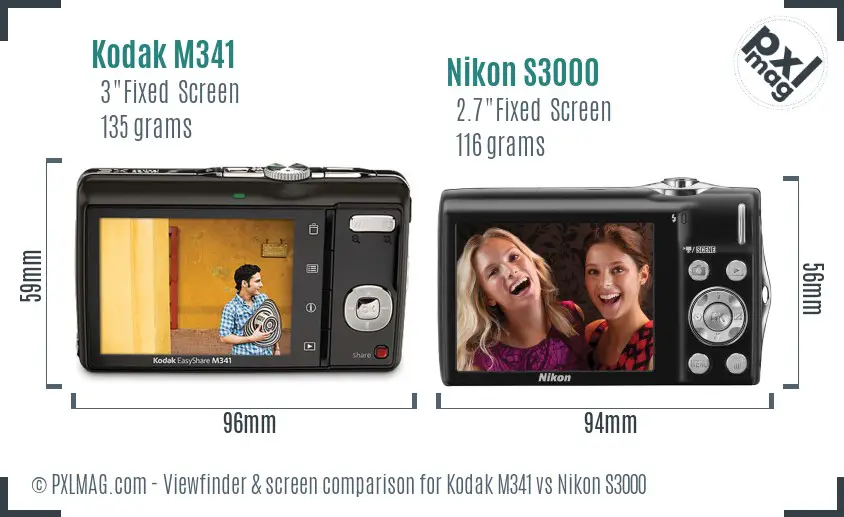 Kodak M341 vs Nikon S3000 Screen and Viewfinder comparison