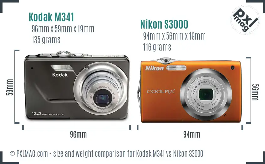 Kodak M341 vs Nikon S3000 size comparison
