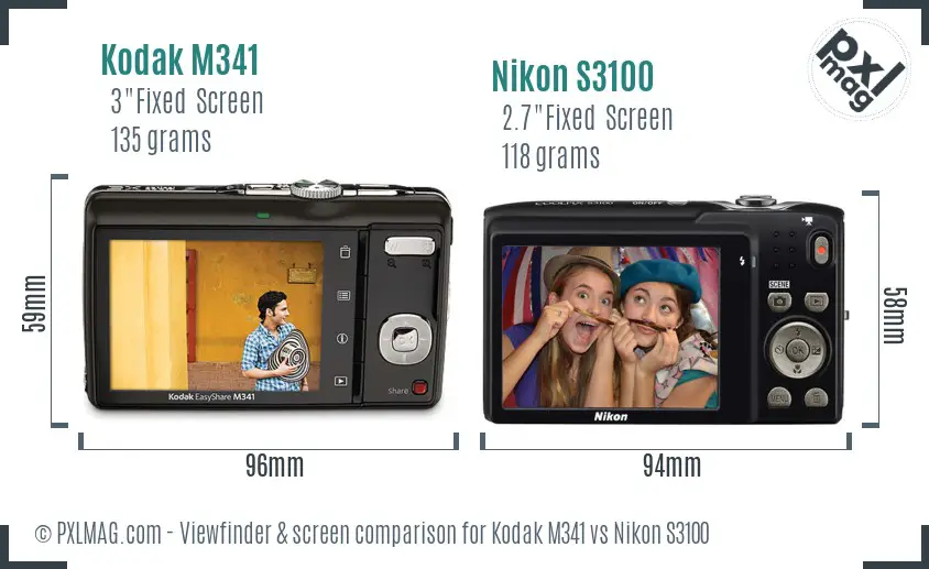 Kodak M341 vs Nikon S3100 Screen and Viewfinder comparison