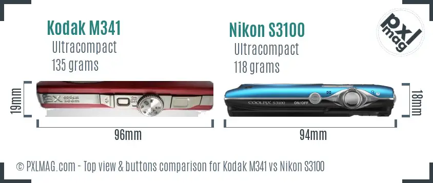 Kodak M341 vs Nikon S3100 top view buttons comparison