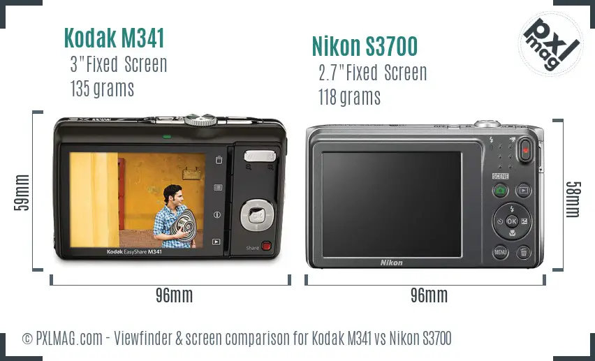 Kodak M341 vs Nikon S3700 Screen and Viewfinder comparison