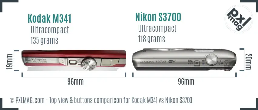 Kodak M341 vs Nikon S3700 top view buttons comparison