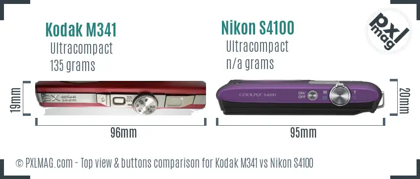 Kodak M341 vs Nikon S4100 top view buttons comparison Kodak M341 vs Nikon S4100 top view buttons comparison