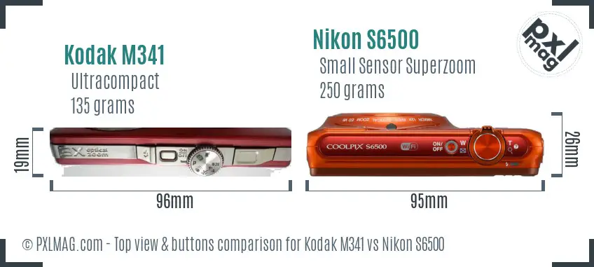Kodak M341 vs Nikon S6500 top view buttons comparison