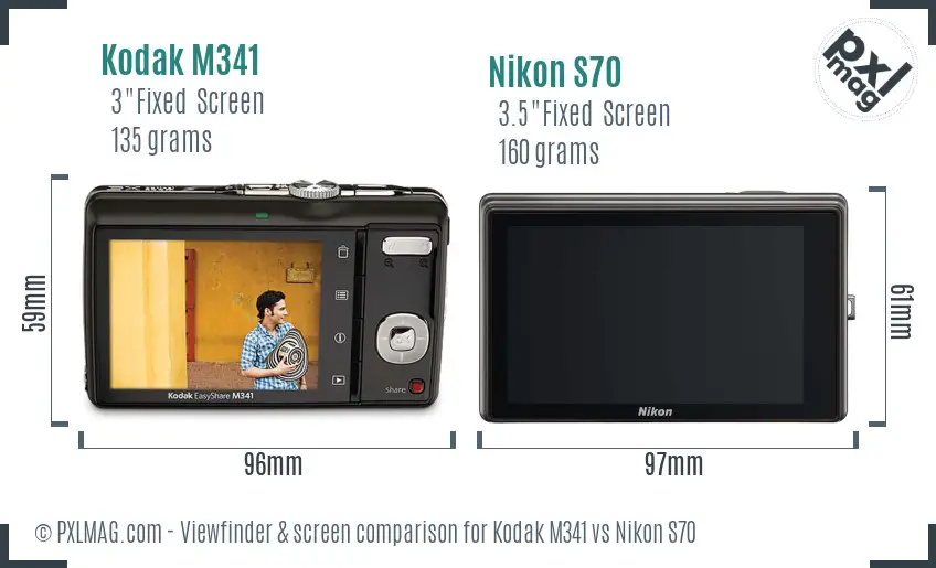 Kodak M341 vs Nikon S70 Screen and Viewfinder comparison