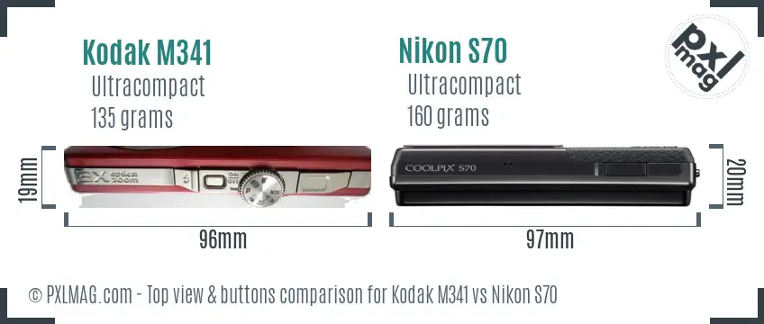 Kodak M341 vs Nikon S70 top view buttons comparison