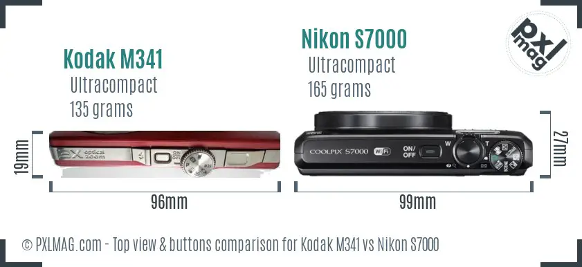 Kodak M341 vs Nikon S7000 top view buttons comparison