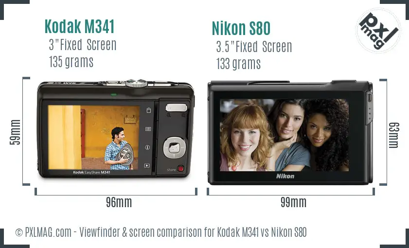 Kodak M341 vs Nikon S80 Screen and Viewfinder comparison