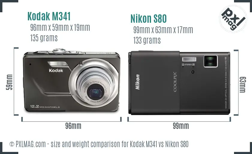Kodak M341 vs Nikon S80 size comparison