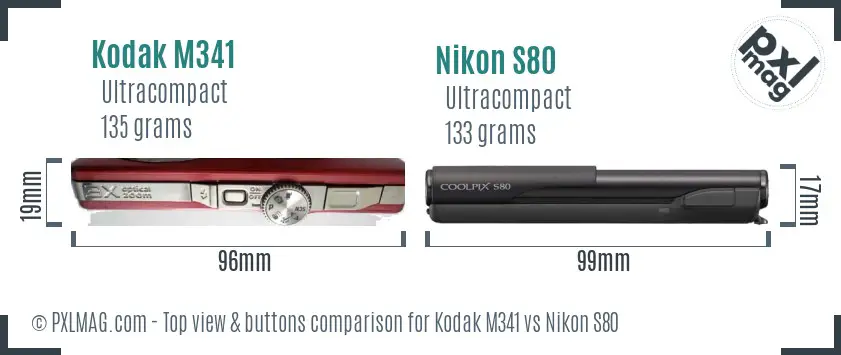 Kodak M341 vs Nikon S80 top view buttons comparison