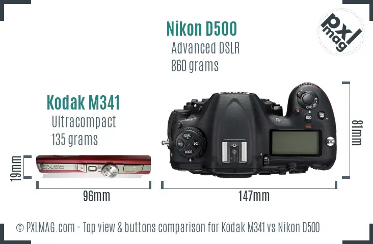 Kodak M341 vs Nikon D500 top view buttons comparison