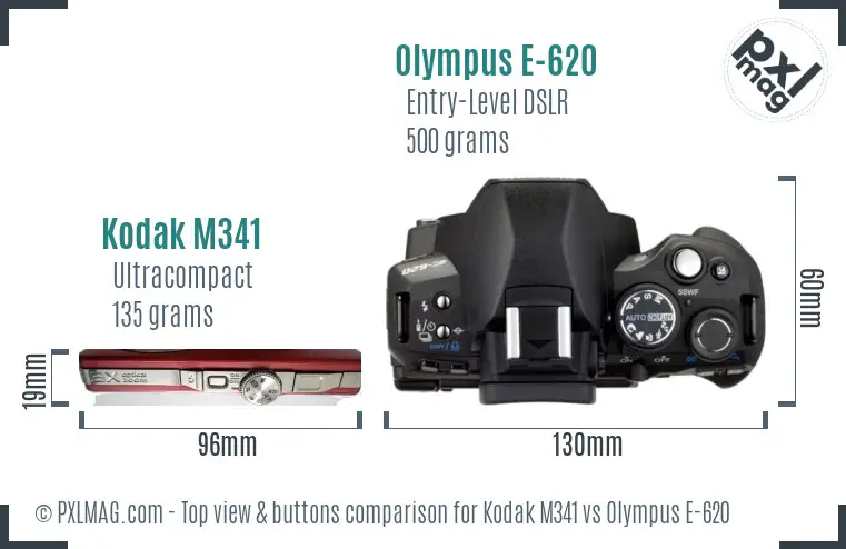 Kodak M341 vs Olympus E-620 top view buttons comparison
