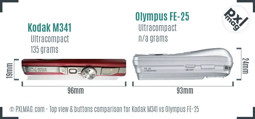 Kodak M341 vs Olympus FE-25 top view buttons comparison Kodak M341 vs Olympus FE-25 top view buttons comparison
