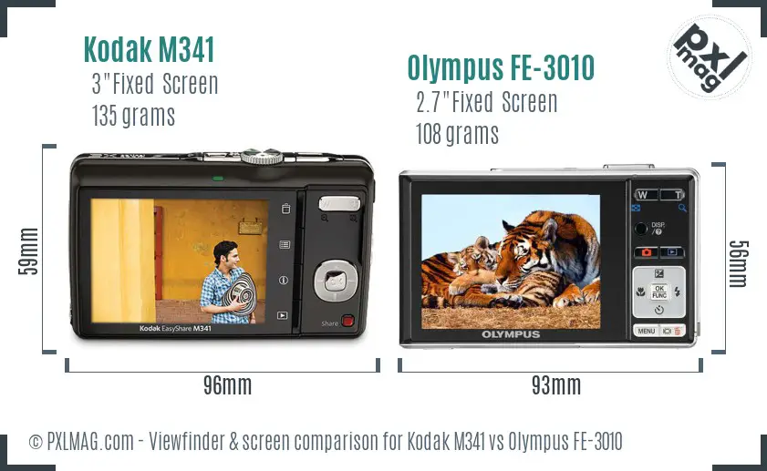 Kodak M341 vs Olympus FE-3010 Screen and Viewfinder comparison