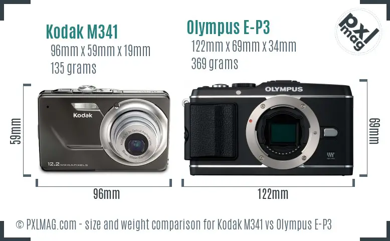 Kodak M341 vs Olympus E-P3 size comparison
