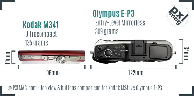 Kodak M341 vs Olympus E-P3 top view buttons comparison