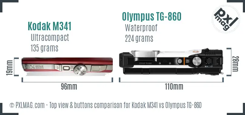 Kodak M341 vs Olympus TG-860 top view buttons comparison