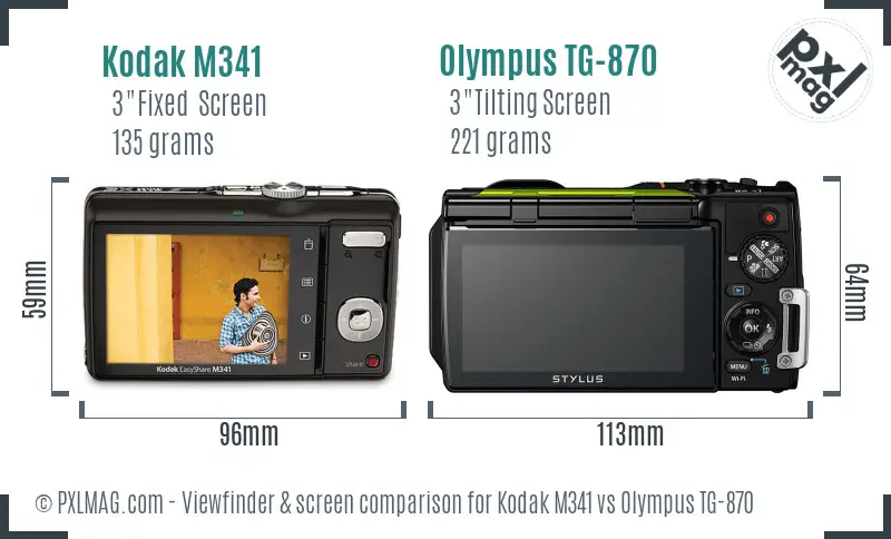 Kodak M341 vs Olympus TG-870 Screen and Viewfinder comparison