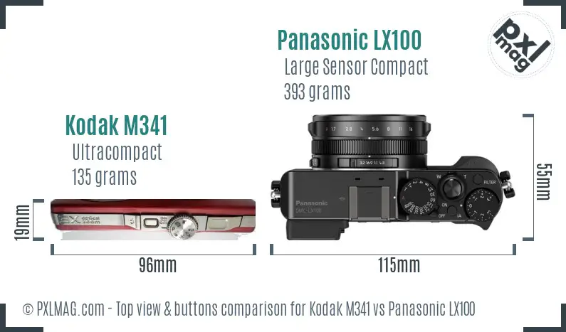 Kodak M341 vs Panasonic LX100 top view buttons comparison