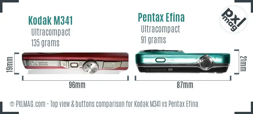 Kodak M341 vs Pentax Efina top view buttons comparison Kodak M341 vs Pentax Efina top view buttons comparison