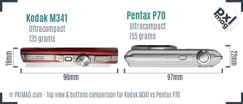 Kodak M341 vs Pentax P70 top view buttons comparison
