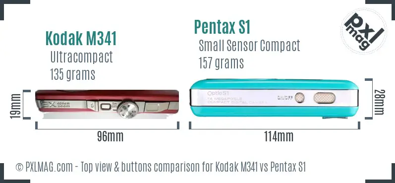 Kodak M341 vs Pentax S1 top view buttons comparison