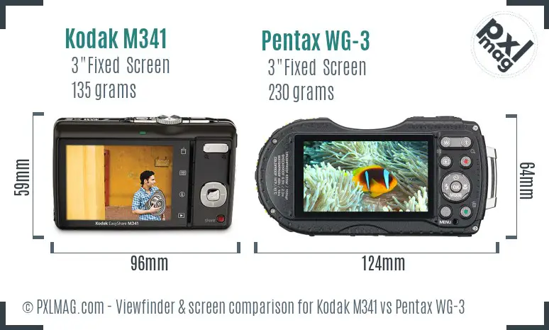 Kodak M341 vs Pentax WG-3 Screen and Viewfinder comparison