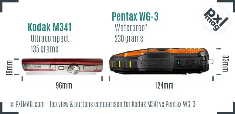Kodak M341 vs Pentax WG-3 top view buttons comparison