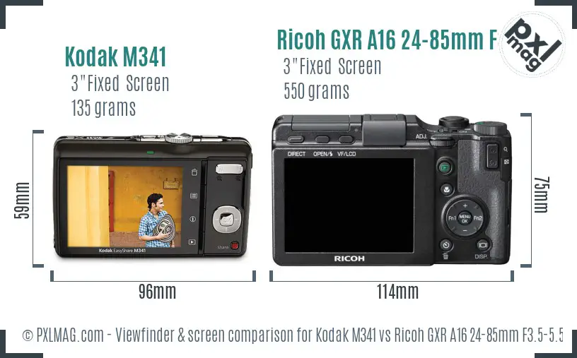 Kodak M341 vs Ricoh GXR A16 24-85mm F3.5-5.5 Screen and Viewfinder comparison