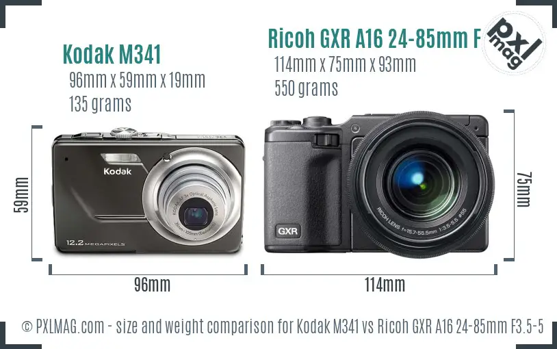 Kodak M341 vs Ricoh GXR A16 24-85mm F3.5-5.5 size comparison