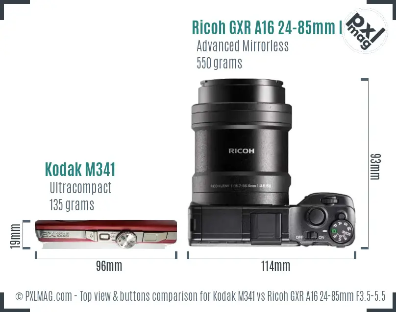 Kodak M341 vs Ricoh GXR A16 24-85mm F3.5-5.5 top view buttons comparison