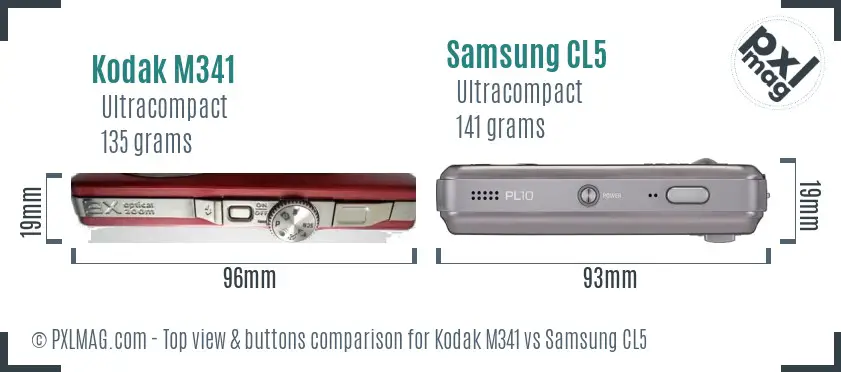 Kodak M341 vs Samsung CL5 top view buttons comparison Kodak M341 vs Samsung CL5 top view buttons comparison