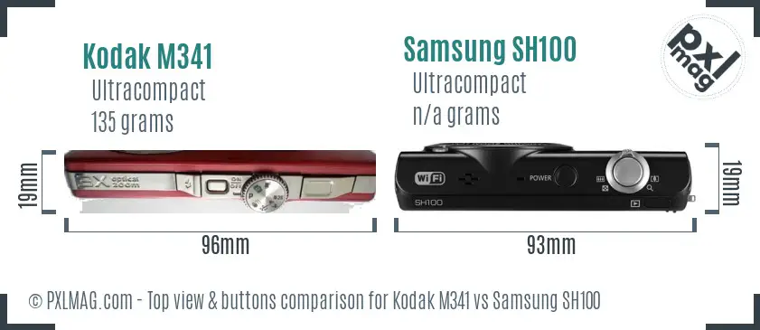 Kodak M341 vs Samsung SH100 top view buttons comparison