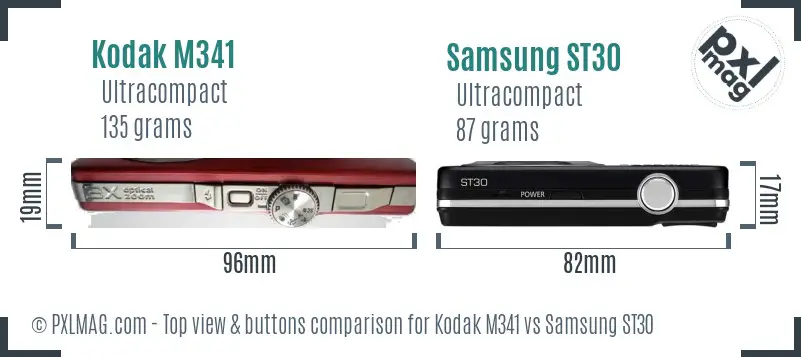 Kodak M341 vs Samsung ST30 top view buttons comparison Kodak M341 vs Samsung ST30 top view buttons comparison