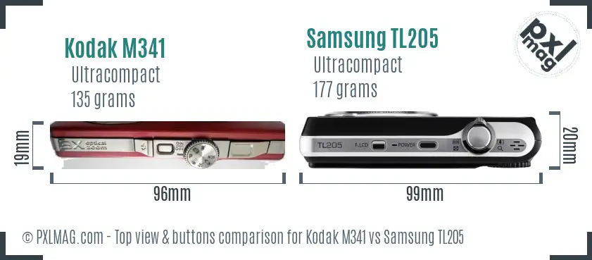 Kodak M341 vs Samsung TL205 top view buttons comparison Kodak M341 vs Samsung TL205 top view buttons comparison