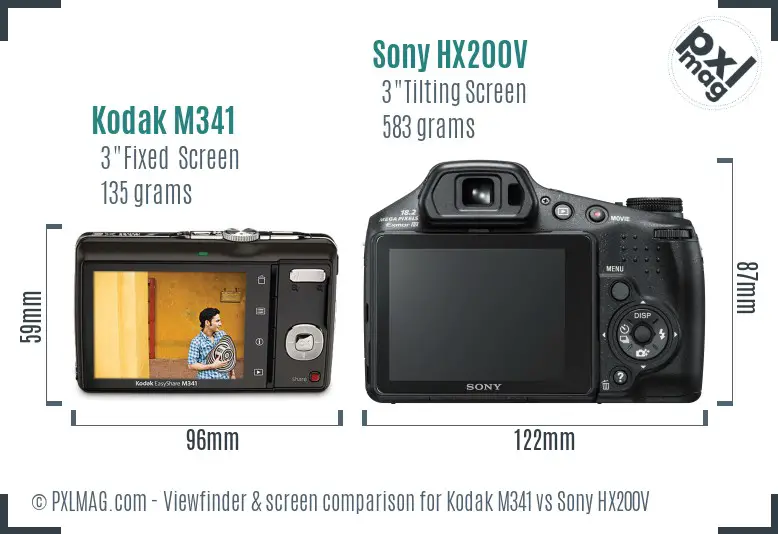 Kodak M341 vs Sony HX200V Screen and Viewfinder comparison