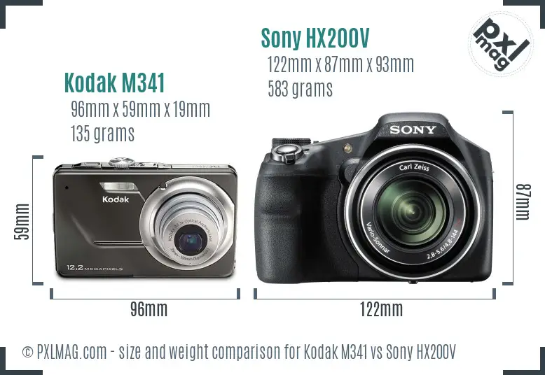 Kodak M341 vs Sony HX200V size comparison